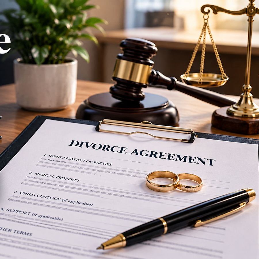 Documento de acuerdo de divorcio con anillos y mazo