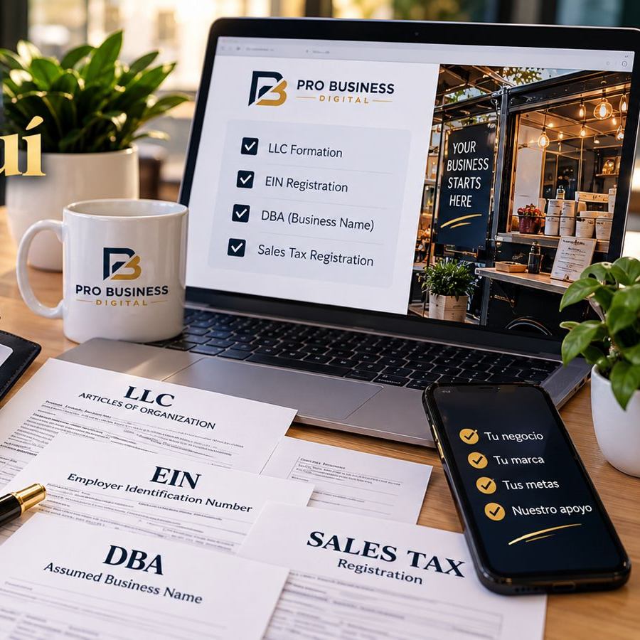 Carpeta de registro de empresa junto a una laptop