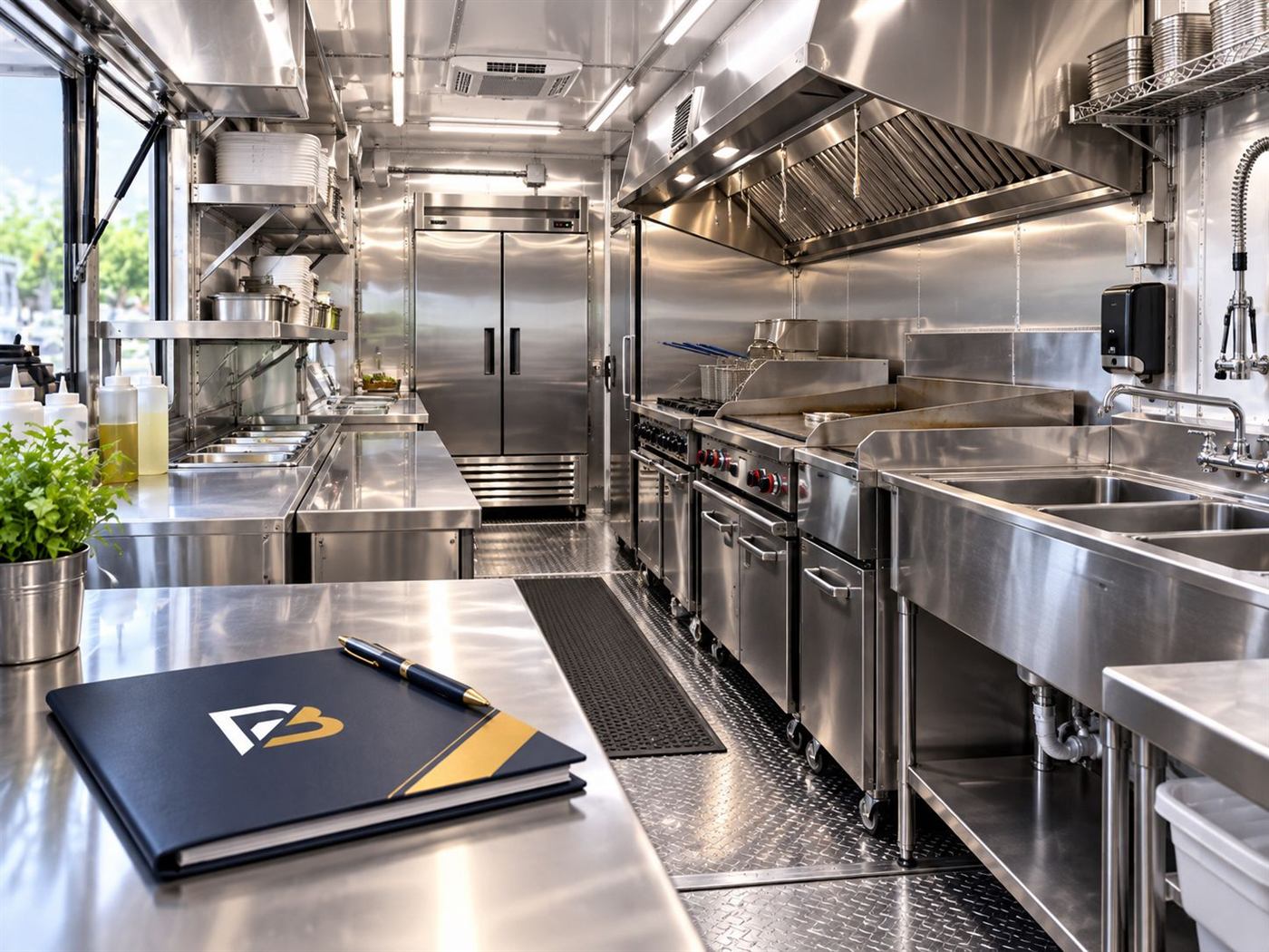 Interior de cocina de acero inoxidable de un food truck