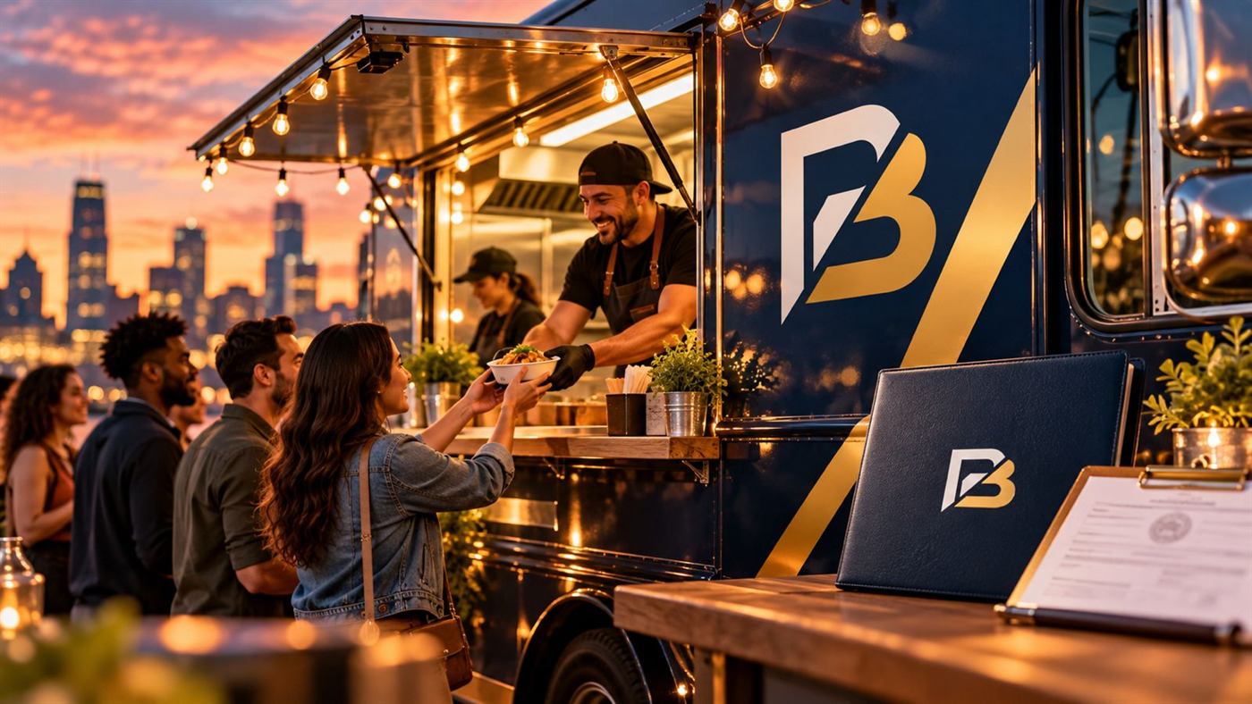 Food truck atendiendo clientes por la noche