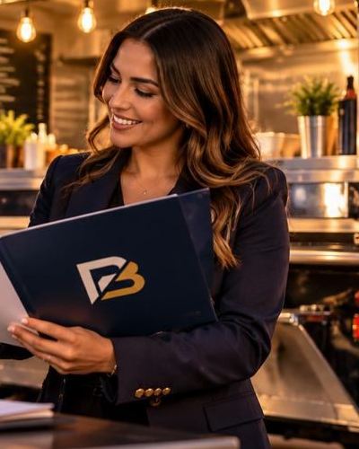 Asesora de Pro Business Digital con la carpeta del paquete