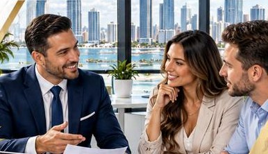 Asesor de Pro Business Digital revisando documentos con dos emprendedores