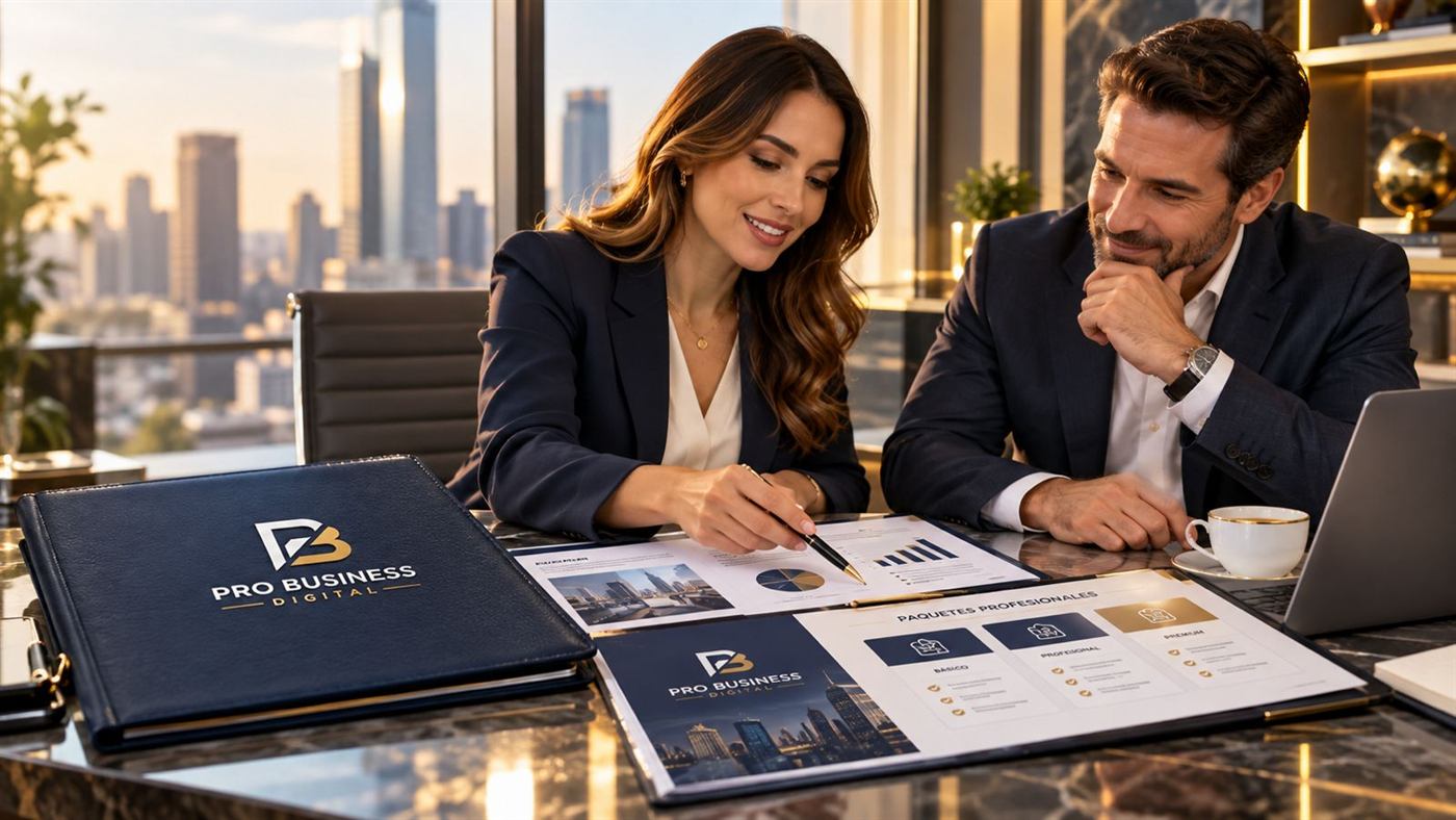 Pareja de ejecutivos revisando un paquete profesional