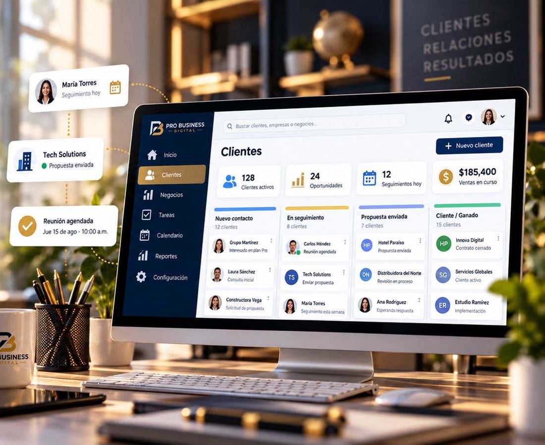 Monitor con un CRM y su embudo de ventas