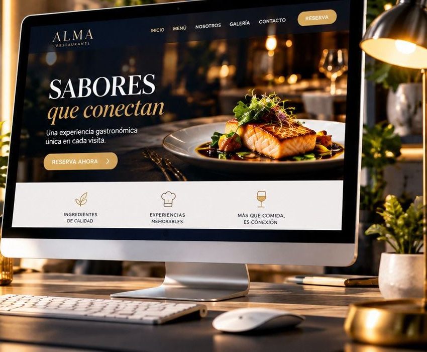 Sitio web profesional en un monitor sobre un escritorio