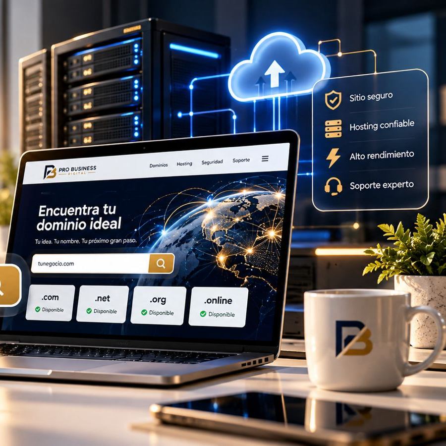 Laptop con un dominio web y servidores al fondo