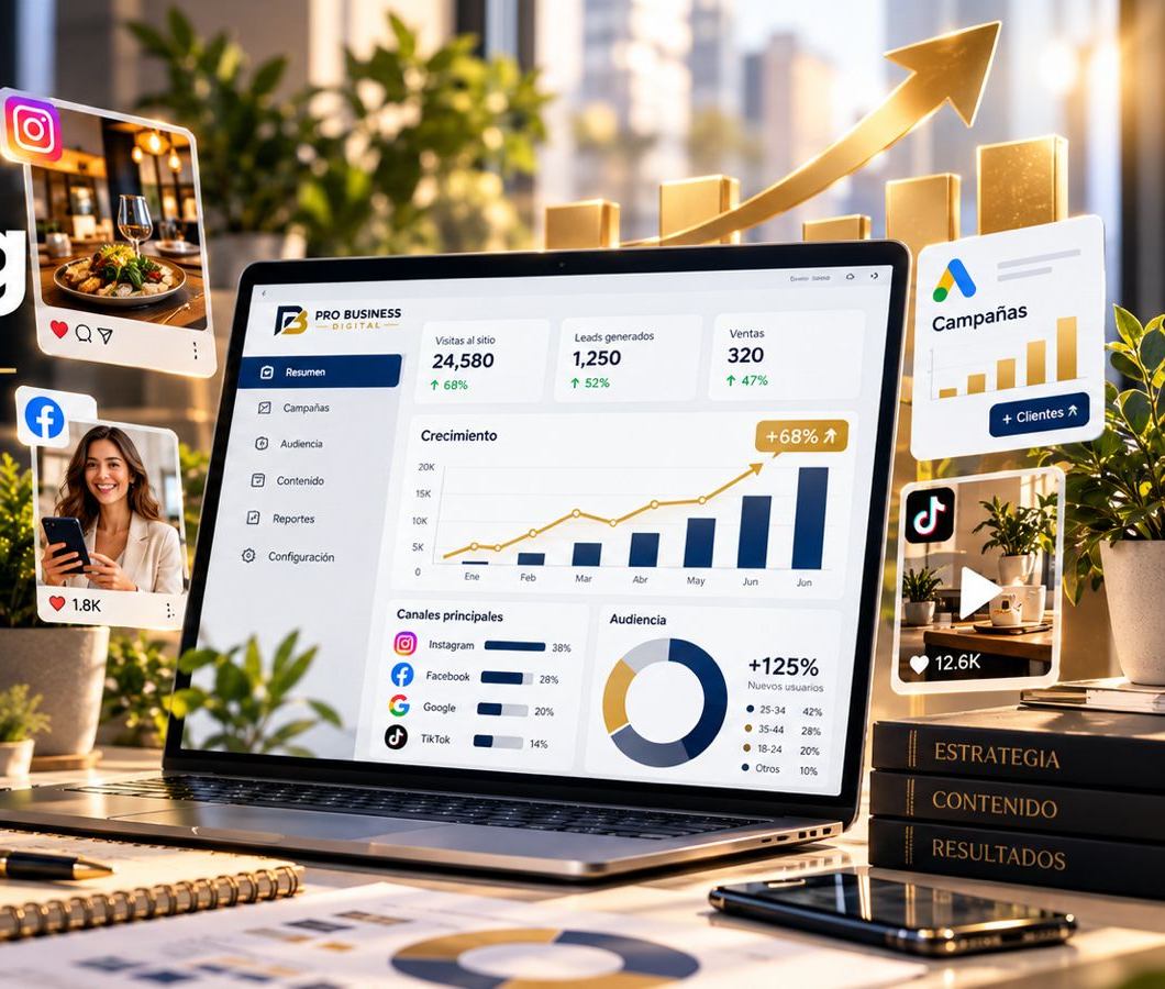 Laptop con un panel de marketing y redes sociales