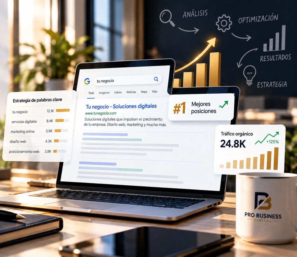 Laptop con resultados de búsqueda y gráficas de crecimiento